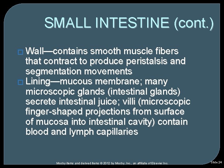 SMALL INTESTINE (cont. ) � Wall—contains smooth muscle fibers that contract to produce peristalsis SMALL INTESTINE (cont. ) � Wall—contains smooth muscle fibers that contract to produce peristalsis