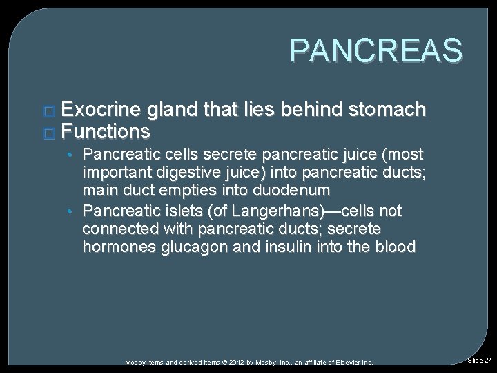 PANCREAS � Exocrine gland that lies behind stomach � Functions • Pancreatic cells secrete