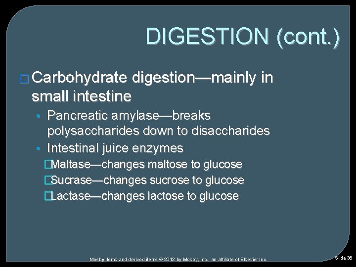 DIGESTION (cont. ) � Carbohydrate digestion—mainly in small intestine • Pancreatic amylase—breaks polysaccharides down DIGESTION (cont. ) � Carbohydrate digestion—mainly in small intestine • Pancreatic amylase—breaks polysaccharides down