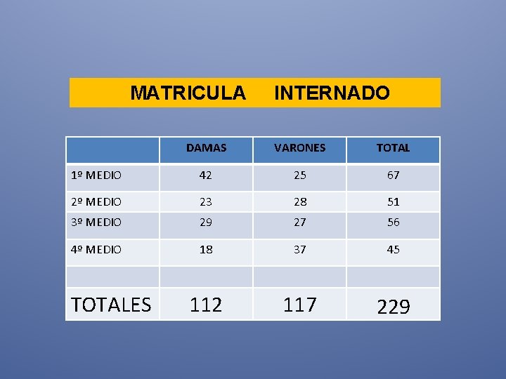 MATRICULA INTERNADO DAMAS VARONES TOTAL 1º MEDIO 42 25 67 2º MEDIO 23 28