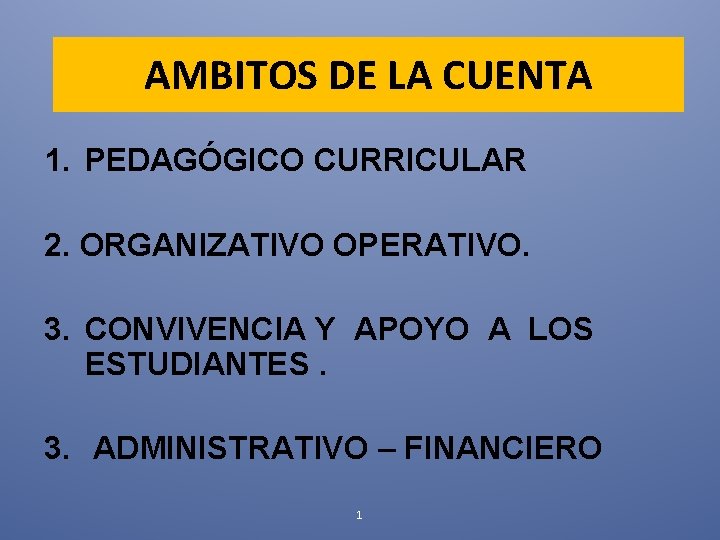AMBITOS DE LA CUENTA 1. PEDAGÓGICO CURRICULAR 2. ORGANIZATIVO OPERATIVO. 3. CONVIVENCIA Y APOYO