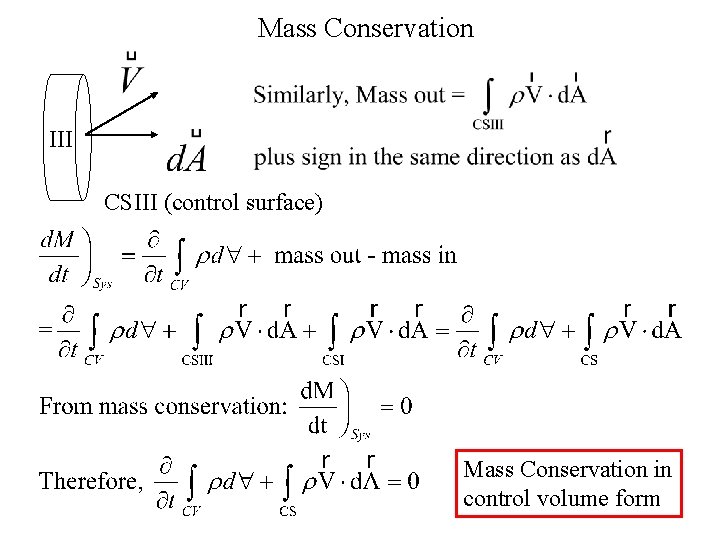 Mass Conservation III CSIII (control surface) Mass Conservation in control volume form Mass Conservation III CSIII (control surface) Mass Conservation in control volume form