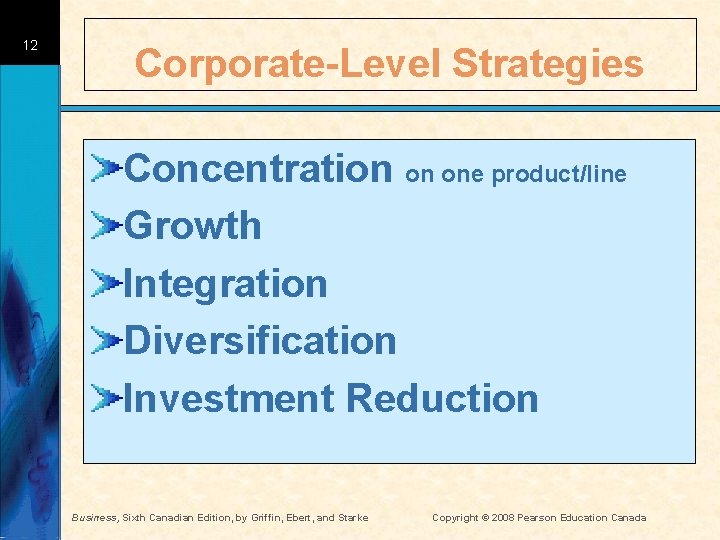 12 Corporate-Level Strategies Concentration on one product/line Growth Integration Diversification Investment Reduction Business, Sixth