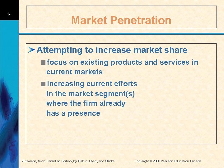14 Market Penetration Attempting to increase market share <focus on existing products and services