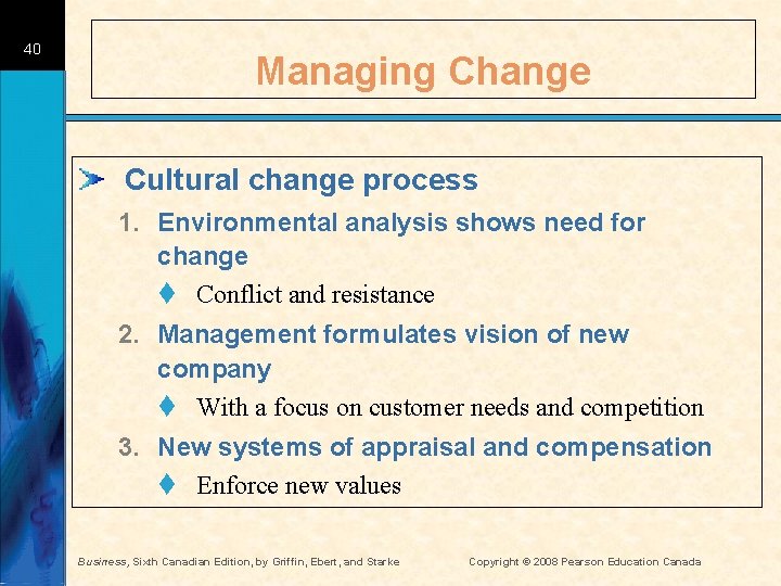 40 Managing Change Cultural change process 1. Environmental analysis shows need for change t