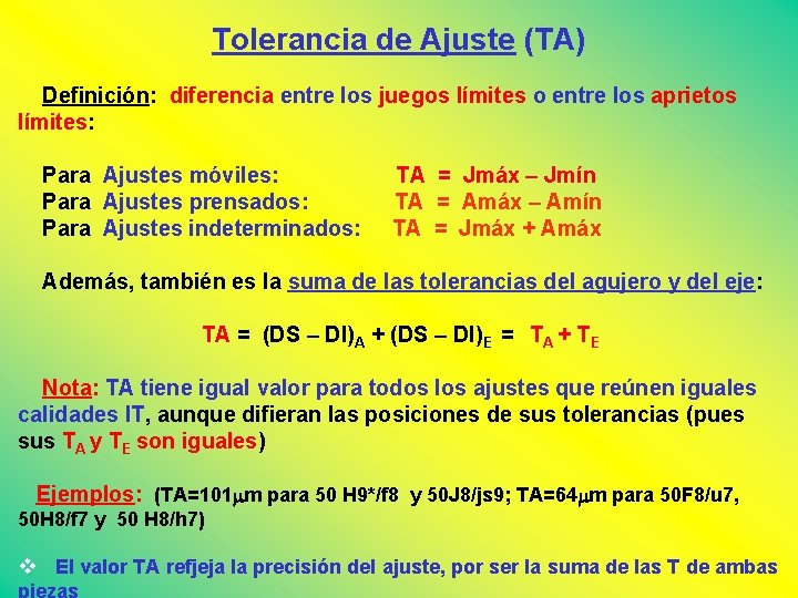 Tolerancia de Ajuste (TA) Definición: diferencia entre los juegos límites o entre los aprietos