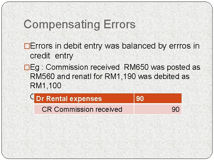 Compensating Errors �Errors in debit entry was balanced by errros in credit entry �Eg