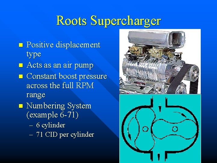 Roots Supercharger n n Positive displacement type Acts as an air pump Constant boost