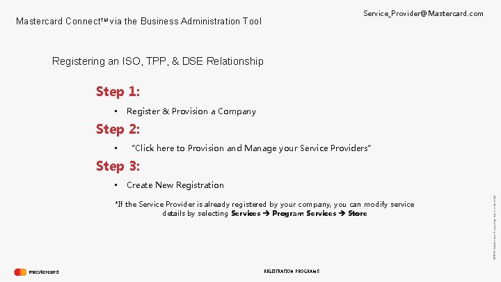 Service_Provider@Mastercard. com Mastercard Connect. TM via the Business Administration Tool Registering an ISO, TPP,