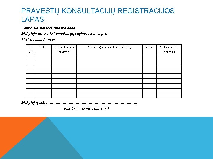 PRAVESTŲ KONSULTACIJŲ REGISTRACIJOS LAPAS Kauno Veršvų vidurinė mokykla Mokytojų pravestų konsultacijų registracijos lapas 2015