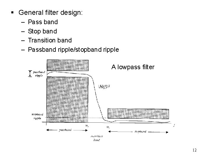 § General filter design: – – Pass band Stop band Transition band Passband ripple/stopband