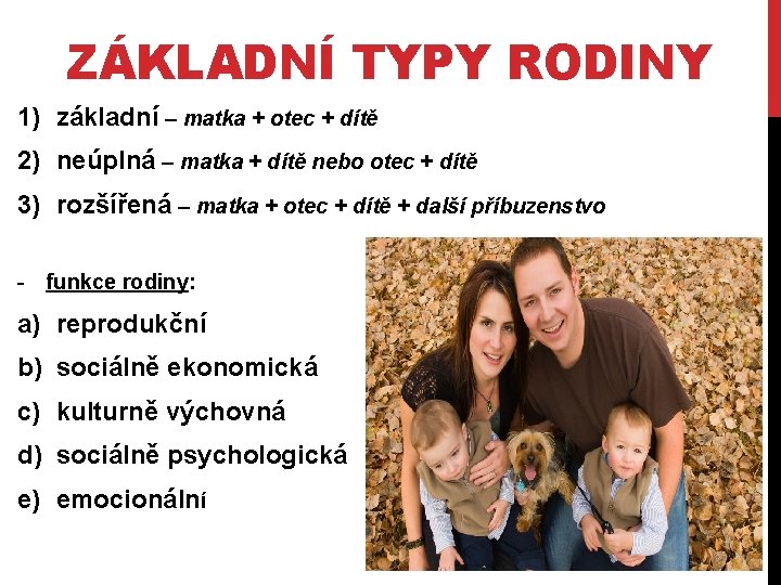 ZÁKLADNÍ TYPY RODINY 1) základní – matka + otec + dítě 2) neúplná –