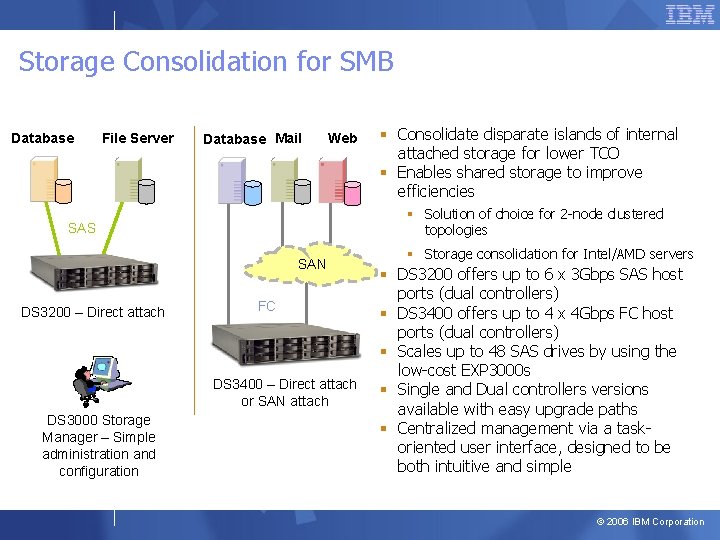 Storage Consolidation for SMB Database File Server Database Mail Web § Solution of choice