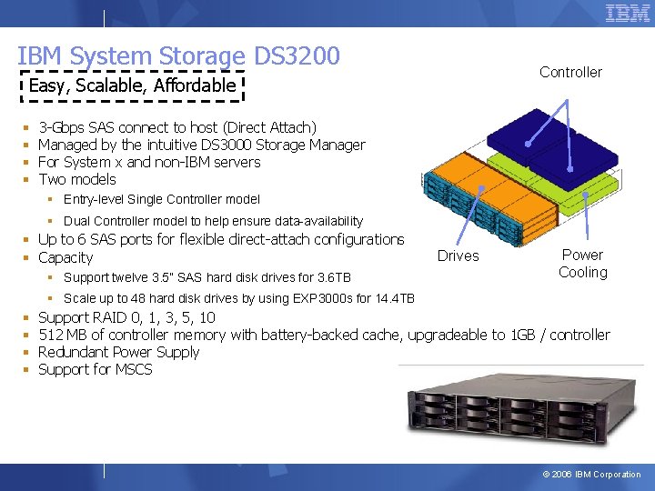 IBM System Storage DS 3200 Controller Easy, Scalable, Affordable § § 3 -Gbps SAS