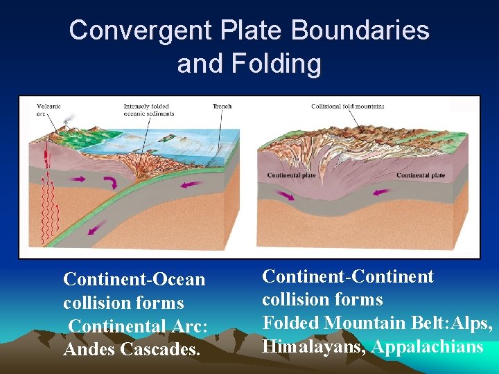 Convergent Plate Boundaries and Folding Continent-Ocean collision forms Continental Arc: Andes Cascades. Continent-Continent collision