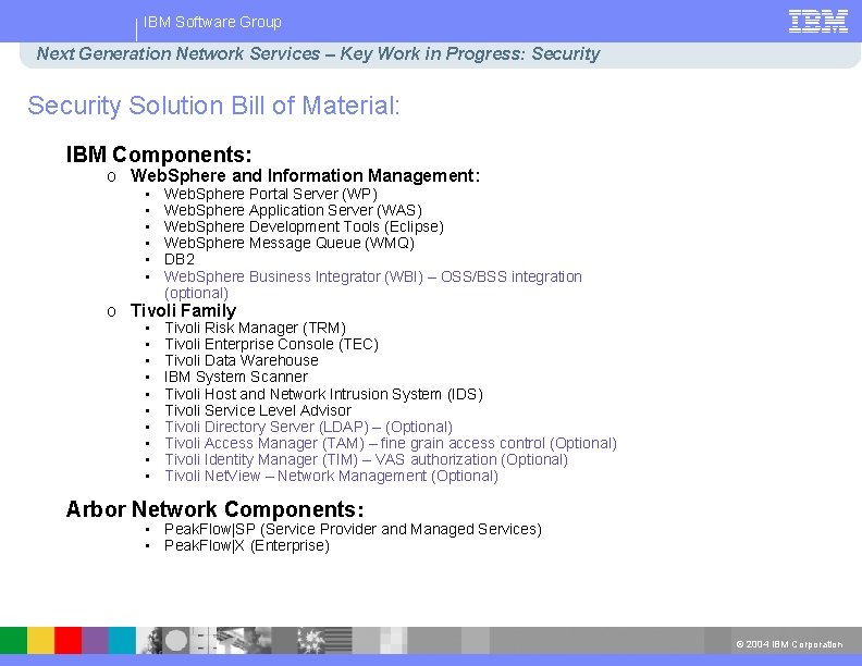 IBM Software Group Next Generation Network Services – Key Work in Progress: Security Solution