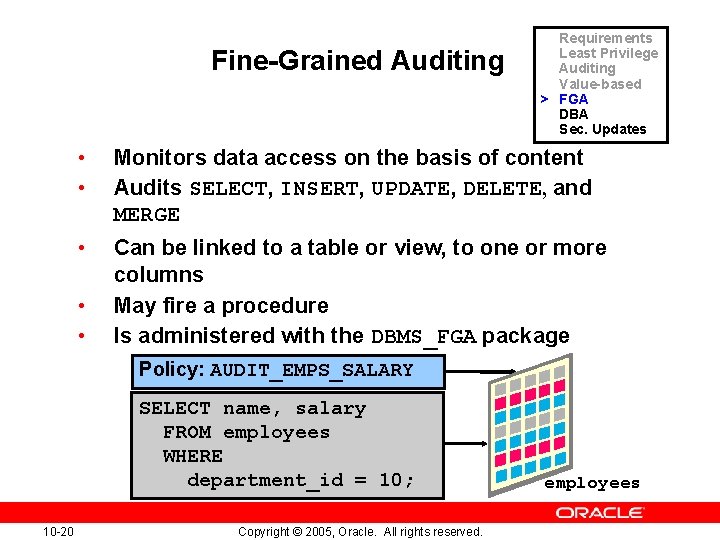 Fine-Grained Auditing Requirements Least Privilege Auditing Value-based > FGA DBA Sec. Updates • •