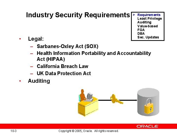 Industry Security Requirements • Legal: > Requirements. Least Privilege Auditing Value-based FGA DBA Sec.