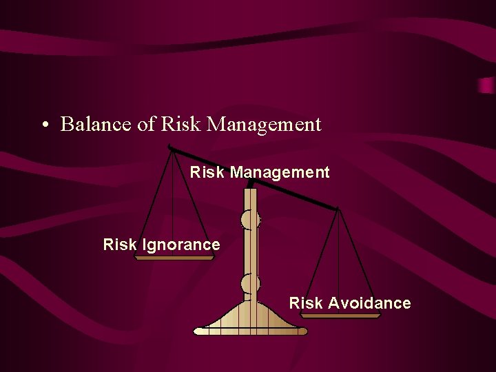  • Balance of Risk Management Risk Ignorance Risk Avoidance 