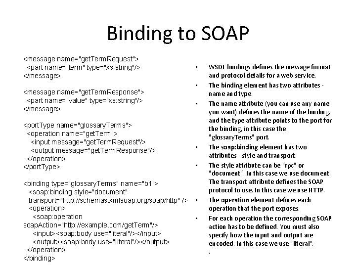 Binding to SOAP <message name="get. Term. Request"> <part name="term" type="xs: string"/> </message> <message name="get.