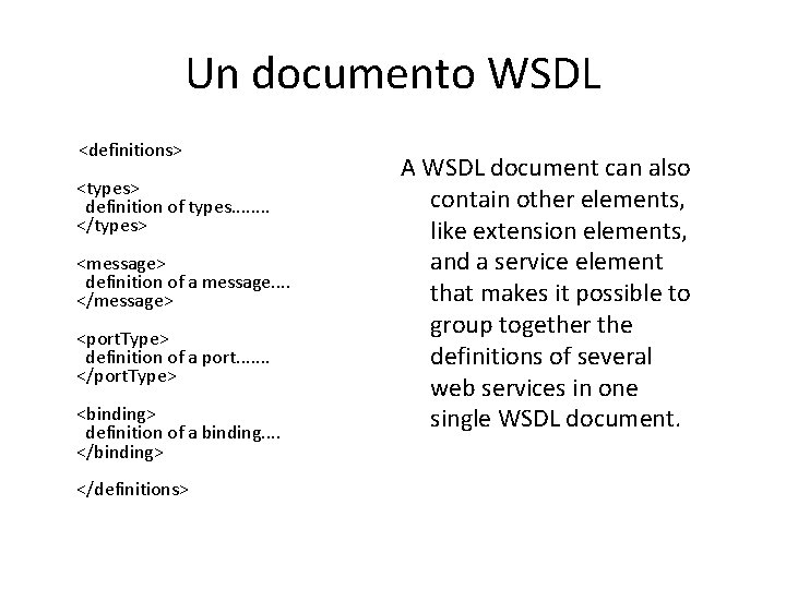 Un documento WSDL <definitions> <types> definition of types. . . . </types> <message> definition