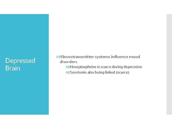 Depressed Brain Neurotransmitter systems influence mood disorders Norepinephrine is scarce during depression Serotonin also