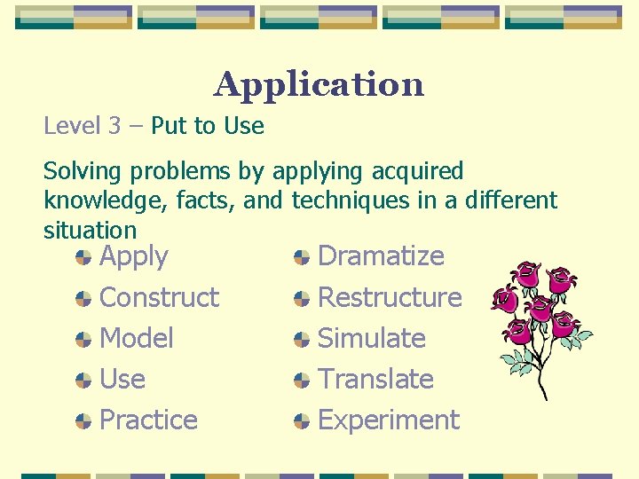 Application Level 3 – Put to Use Solving problems by applying acquired knowledge, facts, Application Level 3 – Put to Use Solving problems by applying acquired knowledge, facts,