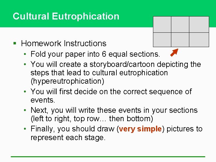 Cultural Eutrophication § Homework Instructions • Fold your paper into 6 equal sections. •
