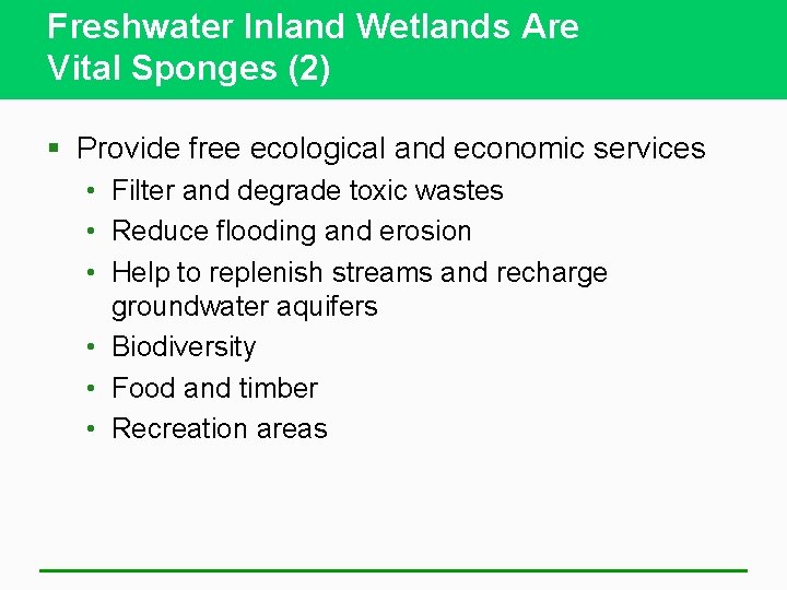 Freshwater Inland Wetlands Are Vital Sponges (2) § Provide free ecological and economic services