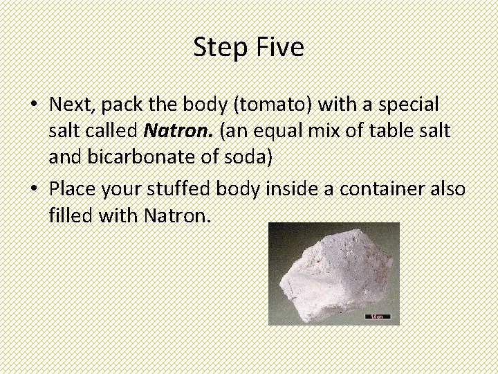 Step Five • Next, pack the body (tomato) with a special salt called Natron.