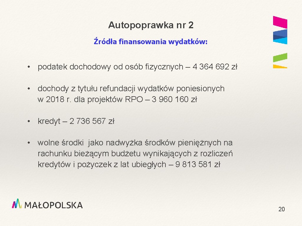 Autopoprawka nr 2 Źródła finansowania wydatków: • podatek dochodowy od osób fizycznych – 4