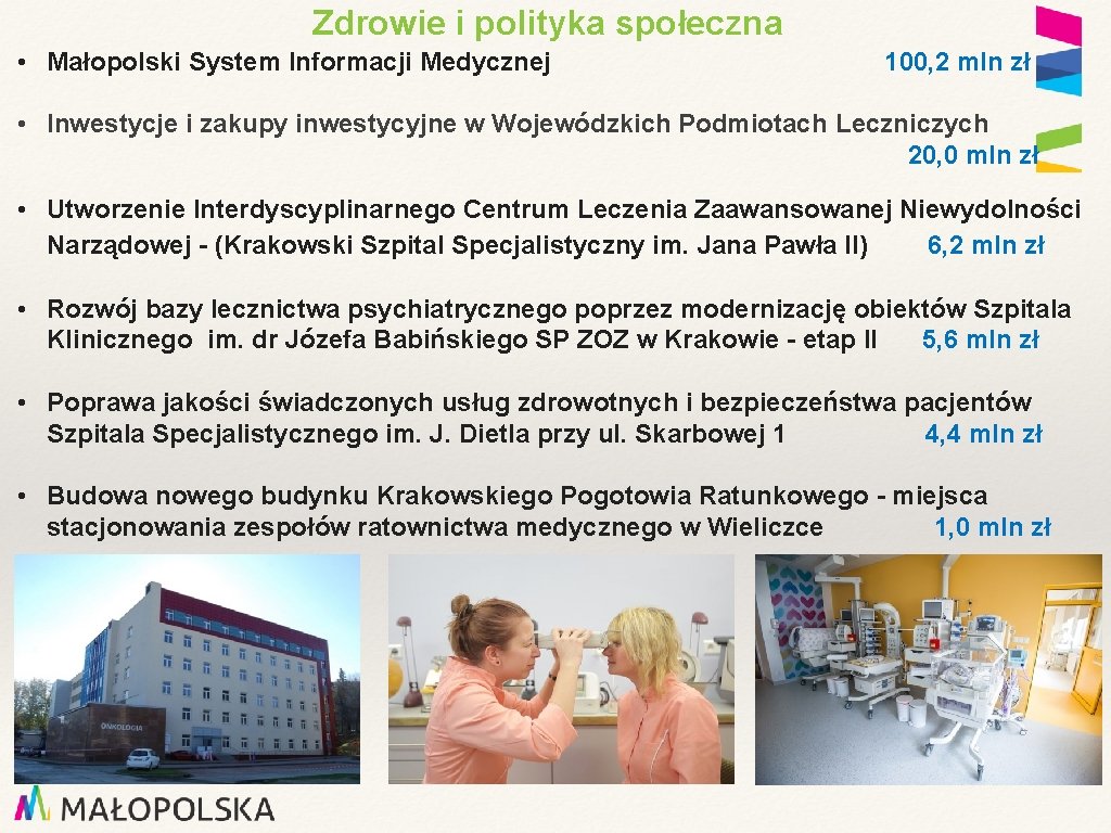 Zdrowie i polityka społeczna • Małopolski System Informacji Medycznej 100, 2 mln zł •