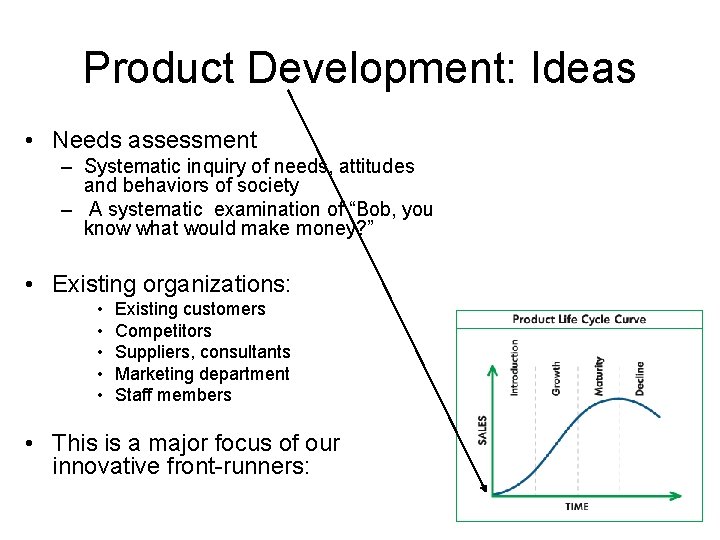 Product Development: Ideas • Needs assessment – Systematic inquiry of needs, attitudes and behaviors