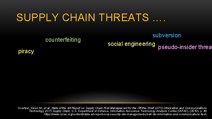SUPPLY CHAIN THREATS …. counterfeiting piracy subversion social engineering pseudo-insider threat Goertzel, Karen M.