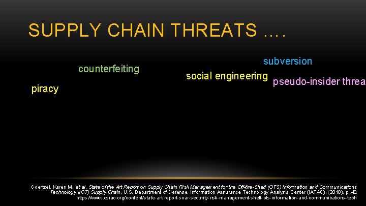 SUPPLY CHAIN THREATS …. counterfeiting piracy subversion social engineering pseudo-insider threat Goertzel, Karen M.