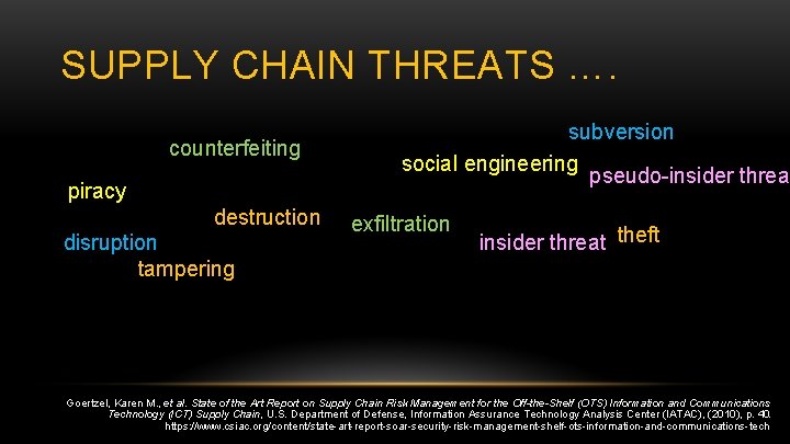 SUPPLY CHAIN THREATS …. counterfeiting piracy destruction disruption tampering subversion social engineering pseudo-insider threat