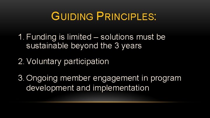 GUIDING PRINCIPLES: 1. Funding is limited – solutions must be sustainable beyond the 3