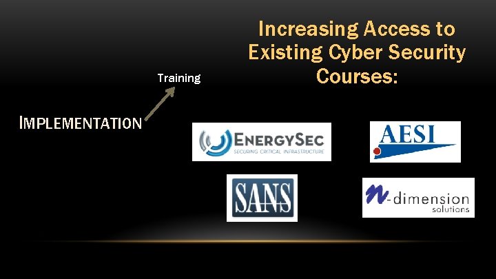 Training IMPLEMENTATION Increasing Access to Existing Cyber Security Courses: 