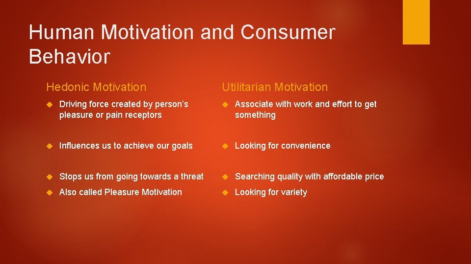 Human Motivation and Consumer Behavior Hedonic Motivation Utilitarian Motivation Driving force created by person’s Human Motivation and Consumer Behavior Hedonic Motivation Utilitarian Motivation Driving force created by person’s