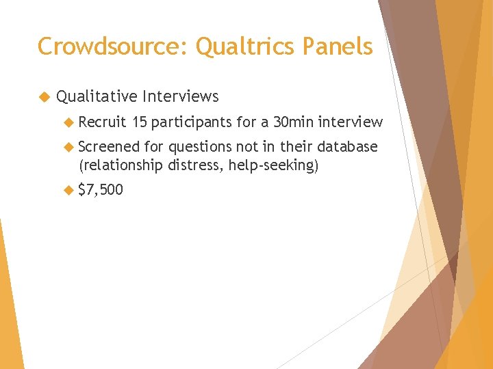 Crowdsource: Qualtrics Panels Qualitative Interviews Recruit 15 participants for a 30 min interview Screened