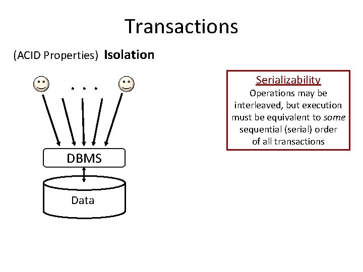 Transactions (ACID Properties) Isolation . . . DBMS Data Serializability Operations may be interleaved,