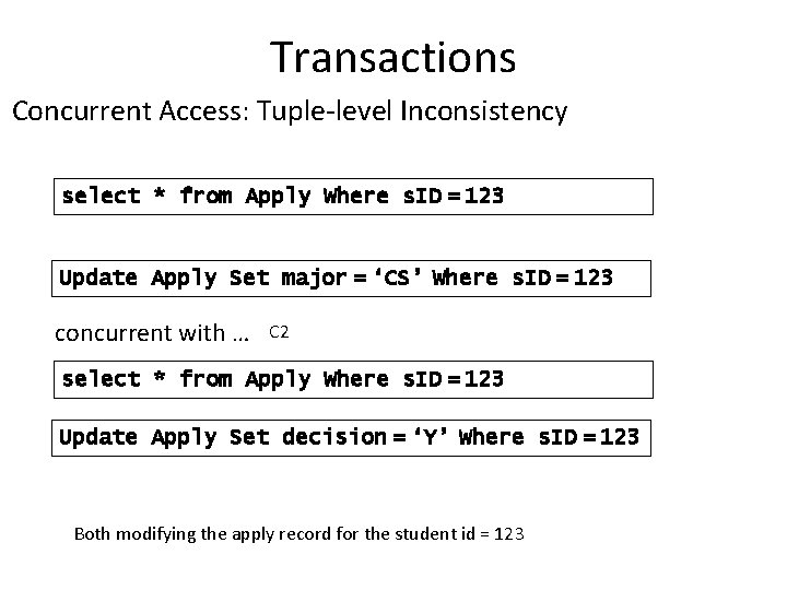 Transactions Concurrent Access: Tuple-level Inconsistency select * from Apply Where s. ID = 123