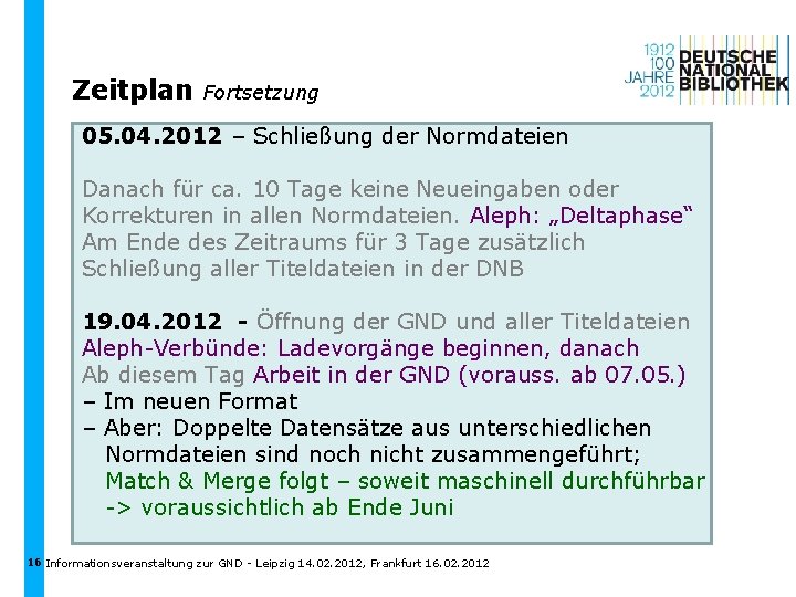 Zeitplan Fortsetzung 05. 04. 2012 – Schließung der Normdateien Danach für ca. 10 Tage