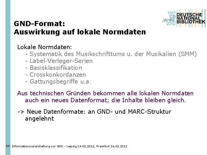 GND-Format: Auswirkung auf lokale Normdaten Lokale Normdaten: - Systematik des Musikschrifttums u. der Musikalien