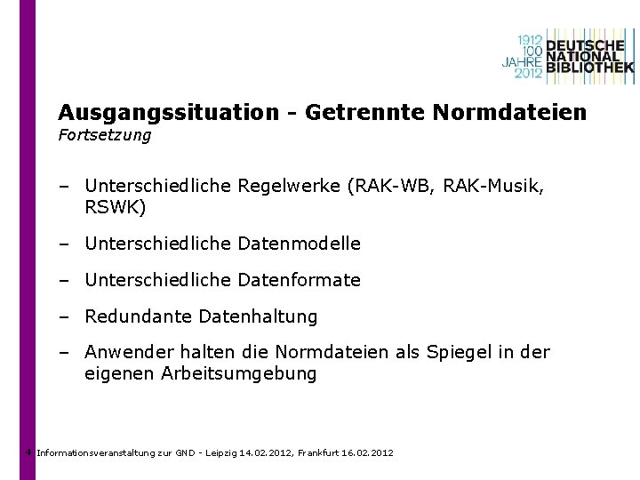 Ausgangssituation - Getrennte Normdateien Fortsetzung – Unterschiedliche Regelwerke (RAK-WB, RAK-Musik, RSWK) – Unterschiedliche Datenmodelle