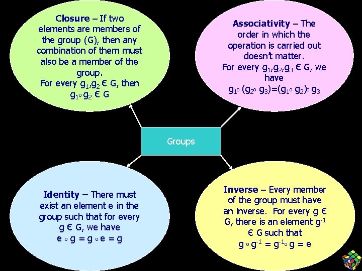 Closure – If two elements are members of the group (G), then any combination