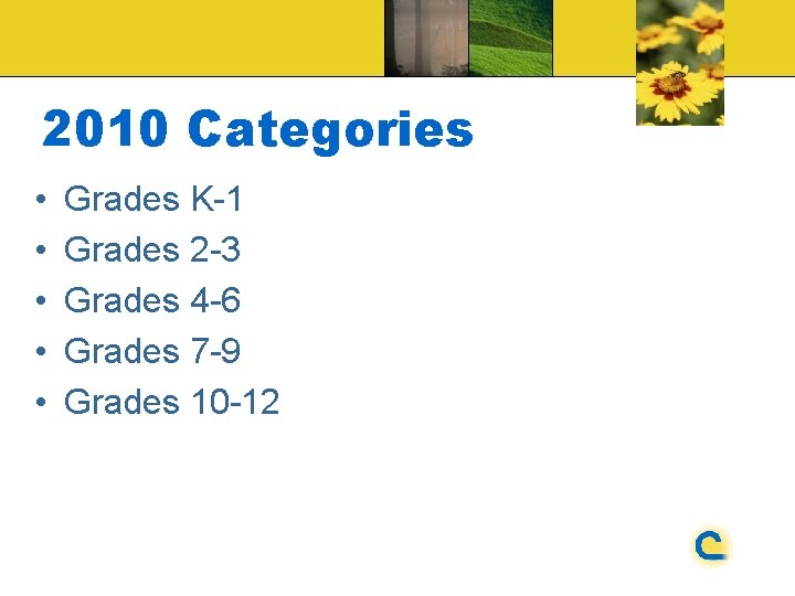 2010 Categories • • • Grades K-1 Grades 2 -3 Grades 4 -6 Grades