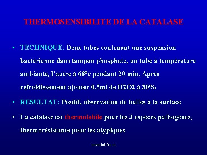 THERMOSENSIBILITE DE LA CATALASE • TECHNIQUE: Deux tubes contenant une suspension bactérienne dans tampon