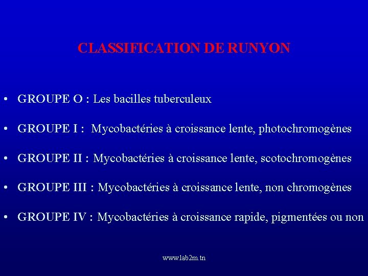 CLASSIFICATION DE RUNYON • GROUPE O : Les bacilles tuberculeux • GROUPE I :