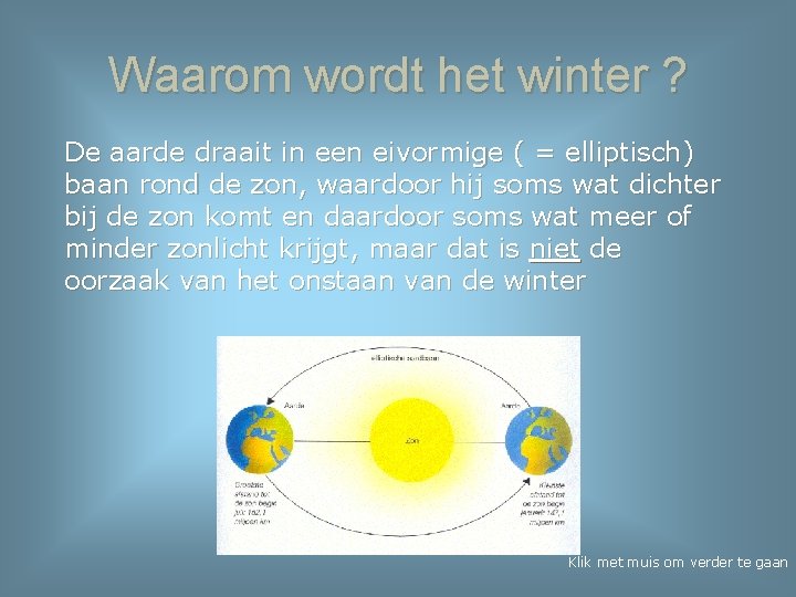 Waarom wordt het winter ? De aarde draait in een eivormige ( = elliptisch)